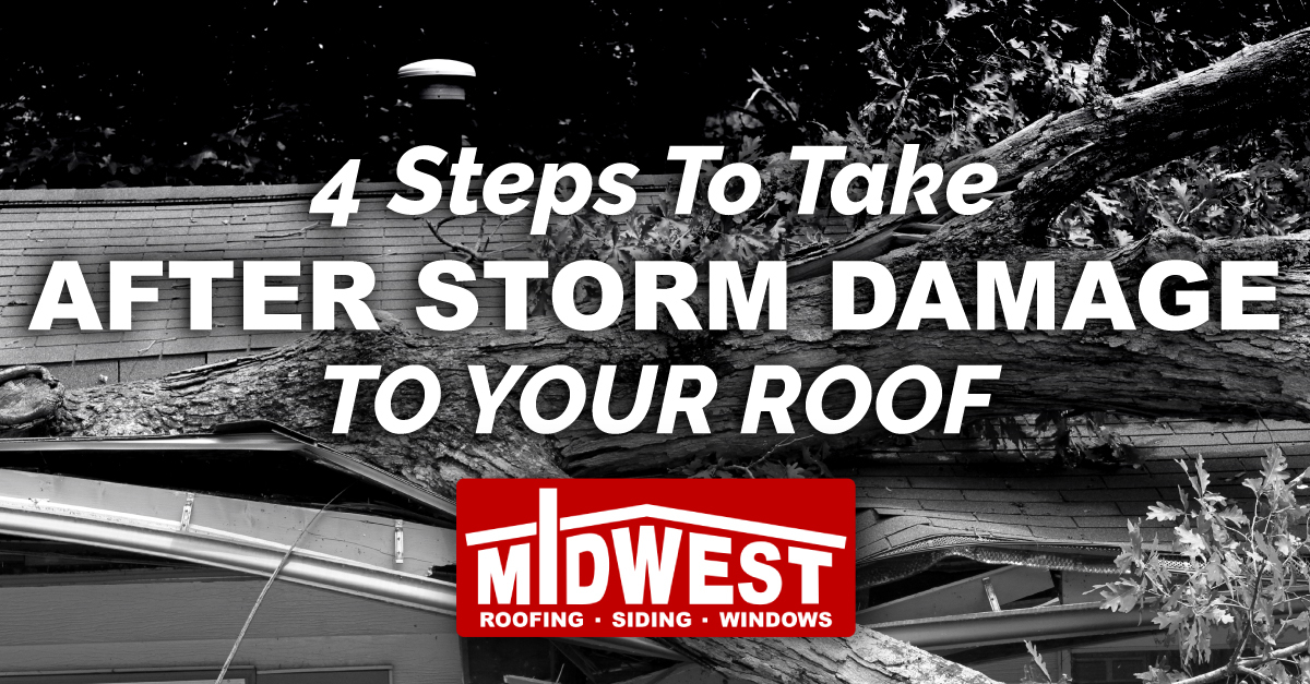 A fallen tree on a damaged roof with the caption 4 Steps To Take After Storm Damage To Your Roof
