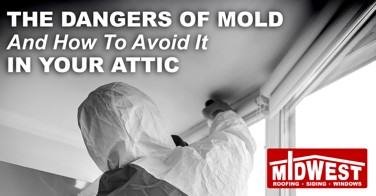 A person in a hazmat suit cleaning a moldy ceiling with the caption The Dangers Of Mold And How To Avoid It In Your Attic