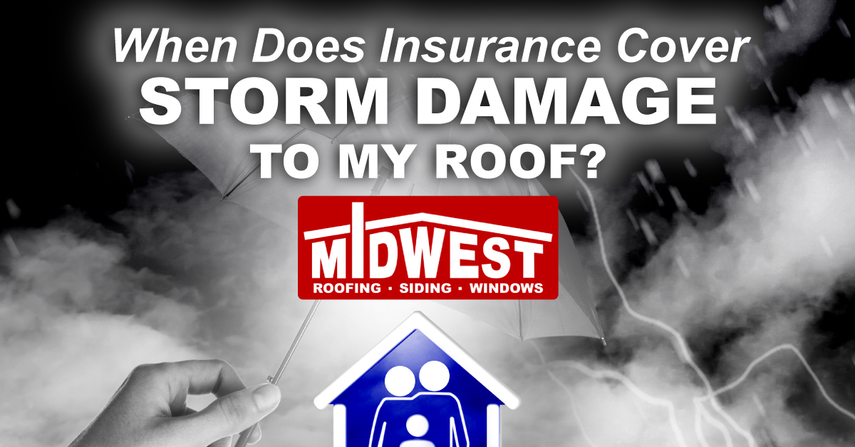Ahand holding an umbrella over a family in their home while a storm rages around with the caption When Does Insurance Cover Storm Damage To My Roof?