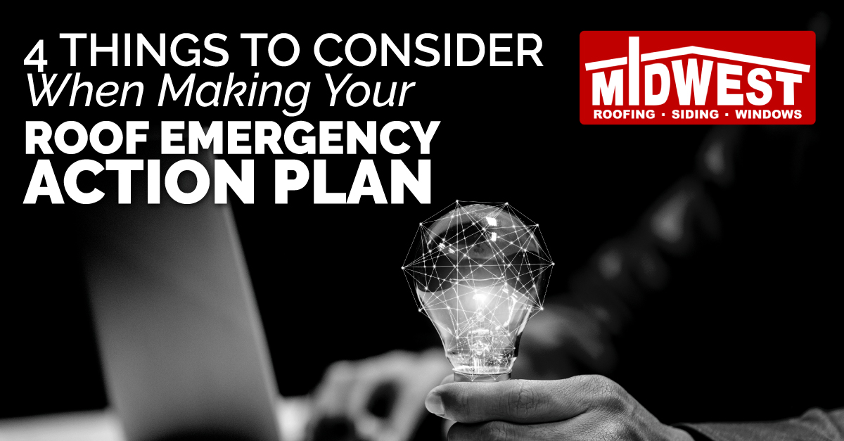 person holding a lightbulb with the caption 4 Things To Consider When Making Your Roof Emergency Action Plan