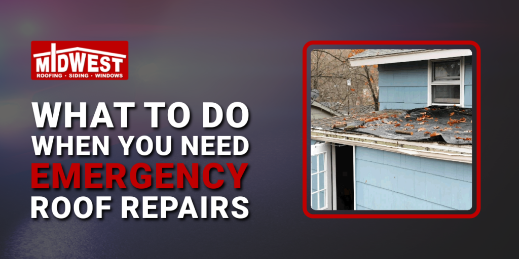 Light blue house with black tarp on a flat roof and text: What to Do When You Need Emergency Roof Repairs