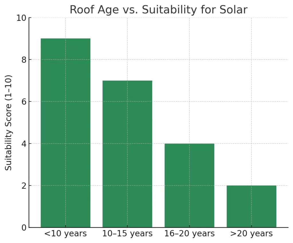 Graph in green that show how roof age correlates with suitability for solar installation. Less than 10 years old is the best suited. 